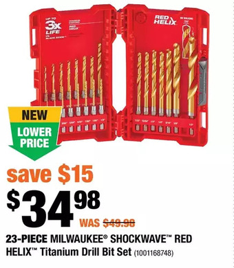 Home Depot 23-piece milwaukee shockwave red helix titanium drill bit set offer
