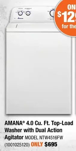 Home Depot Amana 4.0 cu. ft. top-load washer with dual action agitator offer