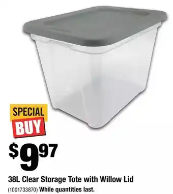 Home Depot 38l clear storage tote with willow lid offer