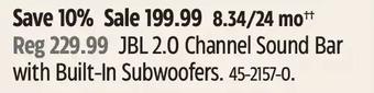 Canadian Tire Jbl 2.0 channel sound bar with built-in subwoofers offer