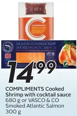 Sobeys Compliments cooked shrimp with cocktail sauce or vasco & co smoked atlantic salmon offer