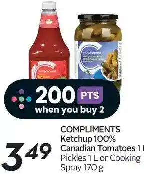 Sobeys Compliments ketchup 100% canadian tomatoes, pickles or cooking spray offer