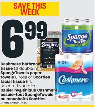 Independent Grocer Cashmere bathroom, 12 double rolls, spongetowels paper towels, 6 rolls or scotties facial tissue, 6's offer