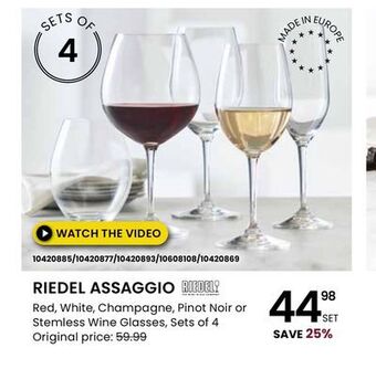 Stokes Riedel assaggio red, white, champagne, pinot noir or stemless wine glasses offer