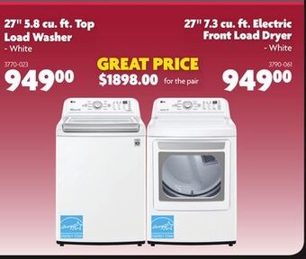 Home Hardware 27" 5.8 cu. ft. top load washer and 27" 7.3 cu. ft. electric front load dryer offer