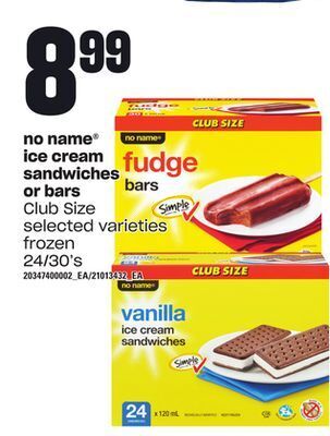 Zehrs Markets No name® ice cream sandwiches or bars, 24/30's offer