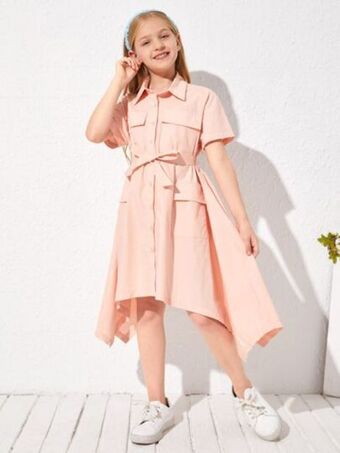 SheIn Shein girls flap pocket hanky hem belted shirt dress offer