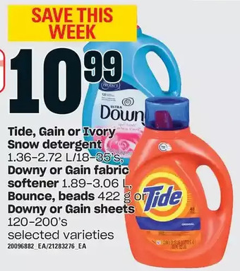 Loblaws Tide, gain or ivory snow detergent, downy or gain fabric softener, bounce, beads or downy or gain sheets offer