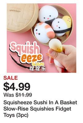 Showcase Squisheeze sushi in a basket slow-rise squishies fidget toys (3pc) offer