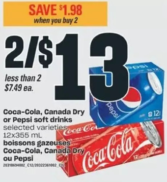 Valu-mart Coca-cola, canada dry or pepsi soft drinks offer