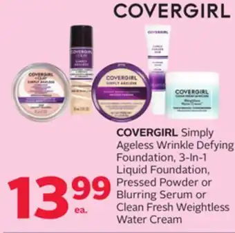 Rexall Covergirl simply ageless wrinkle defying foundation, 3-in-1 liquid foundation, pressed powder or blurring serum or clean fres offer