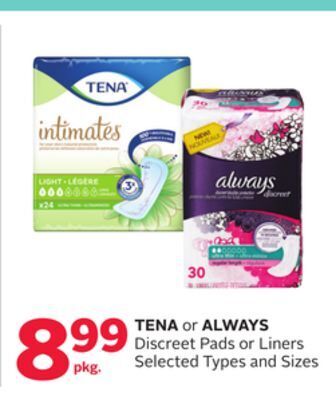 Rexall Tena or always discreet pads or liners offer