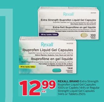 Rexall Rexall brand extra strength ibuprofen liquid gel capsules 100' s or caplets 144' s or regular strength liquid gel capsules 14 offer