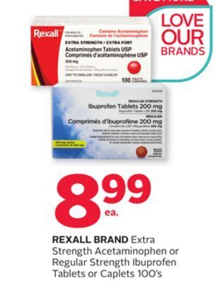 Rexall Rexall brand extra strength acetaminophen or regular strength ibuprofen tablets or caplets offer