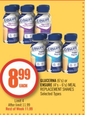 Shoppers Drug Mart Glucerna (6's) or ensure (4's - 6's) meal replacement shakes offer