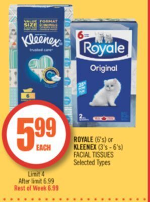 Shoppers Drug Mart Royale (6's) or kleenex (3's - 6's) facial tissues offer