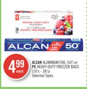 Shoppers Drug Mart Alcan aluminum foil (50') or pc heavy-duty freezer bags (10's - 38's) offer
