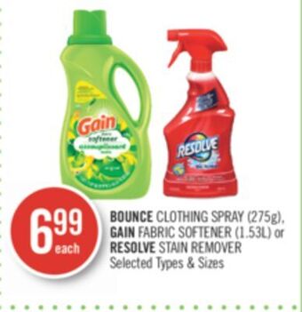 Shoppers Drug Mart Bounce clothing spray (275g), gain fabric softener (1.53l) or resolve stain remover offer