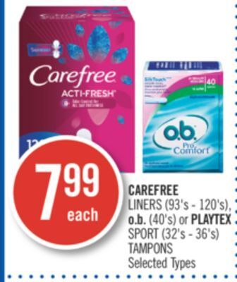 Shoppers Drug Mart Carefree liners (93's - 120's), o.b. (40's) or playtex sport (32's - 36's) tampons offer