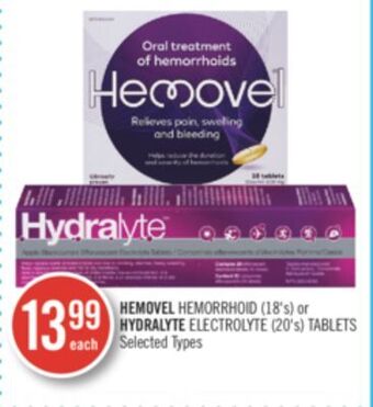 Shoppers Drug Mart Hemovel hemorrhoid (18's) or hydralyte electrolyte (20's) tablets offer