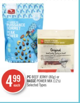 Shoppers Drug Mart Pc beef jerky (80g) or bassé power mix (12's) offer