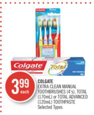 Shoppers Drug Mart Colgate extra clean manual toothbrushes (4's), total (170ml) or total advanced (120ml) toothpaste offer
