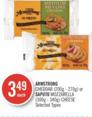 Shoppers Drug Mart Armstrong cheddar (200g - 270g) or saputo mozzarella (300g - 340g) cheese offer