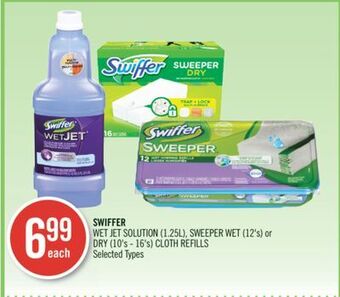 Shoppers Drug Mart Swiffer wet jet solution (1.25l), sweeper wet (12's) or dry (10's - 16's) cloth refills offer