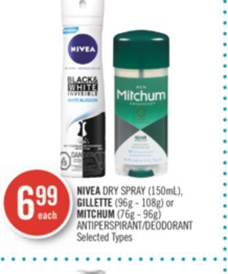 Shoppers Drug Mart Nivea dry spray (150ml), gillette (96g - 108g) or mitchum (76g - 96g) antiperspirant/deodorant offer