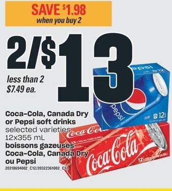 Independent City Market Boissons gazeuses coca-cola, canada dry ou pepsi, 12x355 ml offer