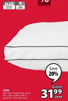 JYSK Lyon easy-care, long-lasting, down- like, cotton pillow with 2" gusset for neck alignment offer