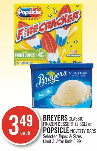 Shoppers Drug Mart Breyers classic frozen dessert or popsicle novelty bars offer