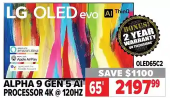 2001 Audio Video Lg 65" alpha 9 gen 5 ai processor 4k @ 120hz tv offer