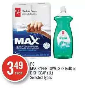 Shoppers Drug Mart Pc max paper towels or dish soap offer