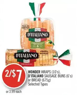 Shoppers Drug Mart Wonder wraps, d'italiano sausage buns or bread offer