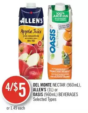 Shoppers Drug Mart Del monte nectar, allen's or oasis beverages offer