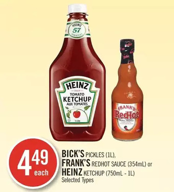 Shoppers Drug Mart Bick's pickles, frank's redhot sauce or heinz ketchup offer