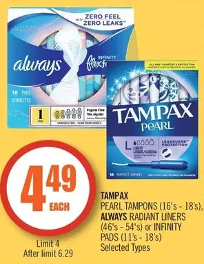 Shoppers Drug Mart Tampax pearl tampons, always radiant liners or infinity pads offer