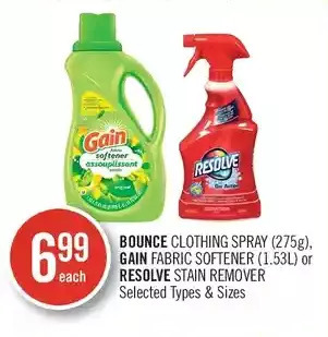Shoppers Drug Mart Bounce clothing spray, gain fabric softener or resolve stain remover offer