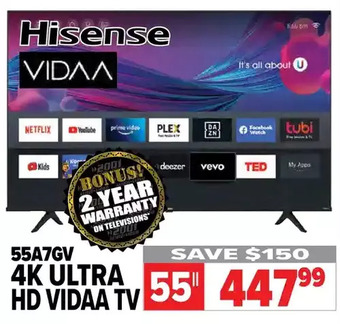 2001 Audio Video Hisense 55" 4k ultra hd vidaa tv offer