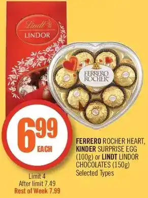 Shoppers Drug Mart Ferrero rocher heart, kinder surprise egg or lindt lindor chocolates offer