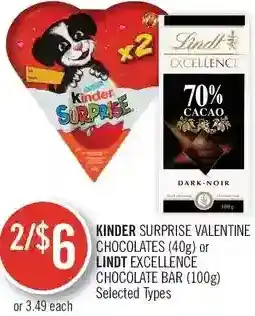 Shoppers Drug Mart Kinder surprise valentine chocolates or lindt excellence chocolate bar offer