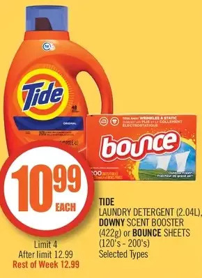 Shoppers Drug Mart Tide laundry detergent, downy scent booster or bounce sheets offer
