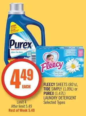 Shoppers Drug Mart Fleecy sheets, tide simply or purex laundry detergent offer