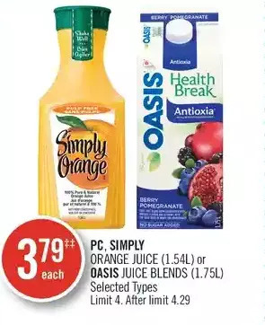 Shoppers Drug Mart Pc, simply orange juice or oasis juice blends offer