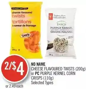 Shoppers Drug Mart No name cheese flavoured twists or pc purple kernel corn crisps offer
