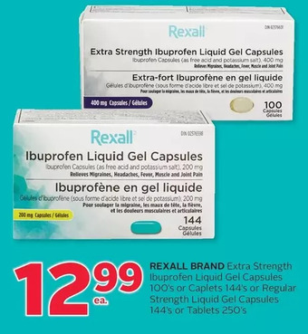 Rexall Rexall brand extra strength ibuprofen liquid gel capsules or caplets or regular strength liquid gel capsules or tablets offer
