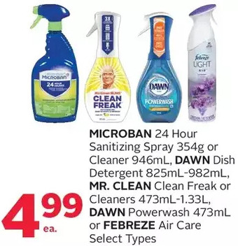 Rexall Microban 24 hour sanitizing spray or cleaner, dawn dish detergent, mr. clean clean freak or cleaners, dawn powerwash or febre offer
