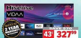 2001 Audio Video Hisense 43" 4k ultra hd vidaa offer