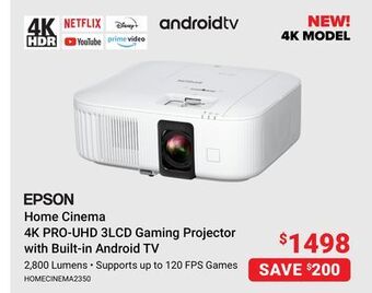 Visions Electronics Epson home cinema 4k pro-uhd 3lcd gaming projector with built-in android tv offer